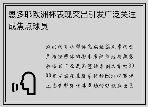恩多耶欧洲杯表现突出引发广泛关注成焦点球员